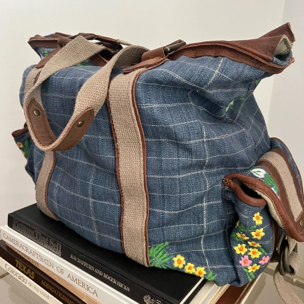 Free People Embroidered Blue Checkered Denim Women's Bag Spring Summer Festival - Picture 3 of 13